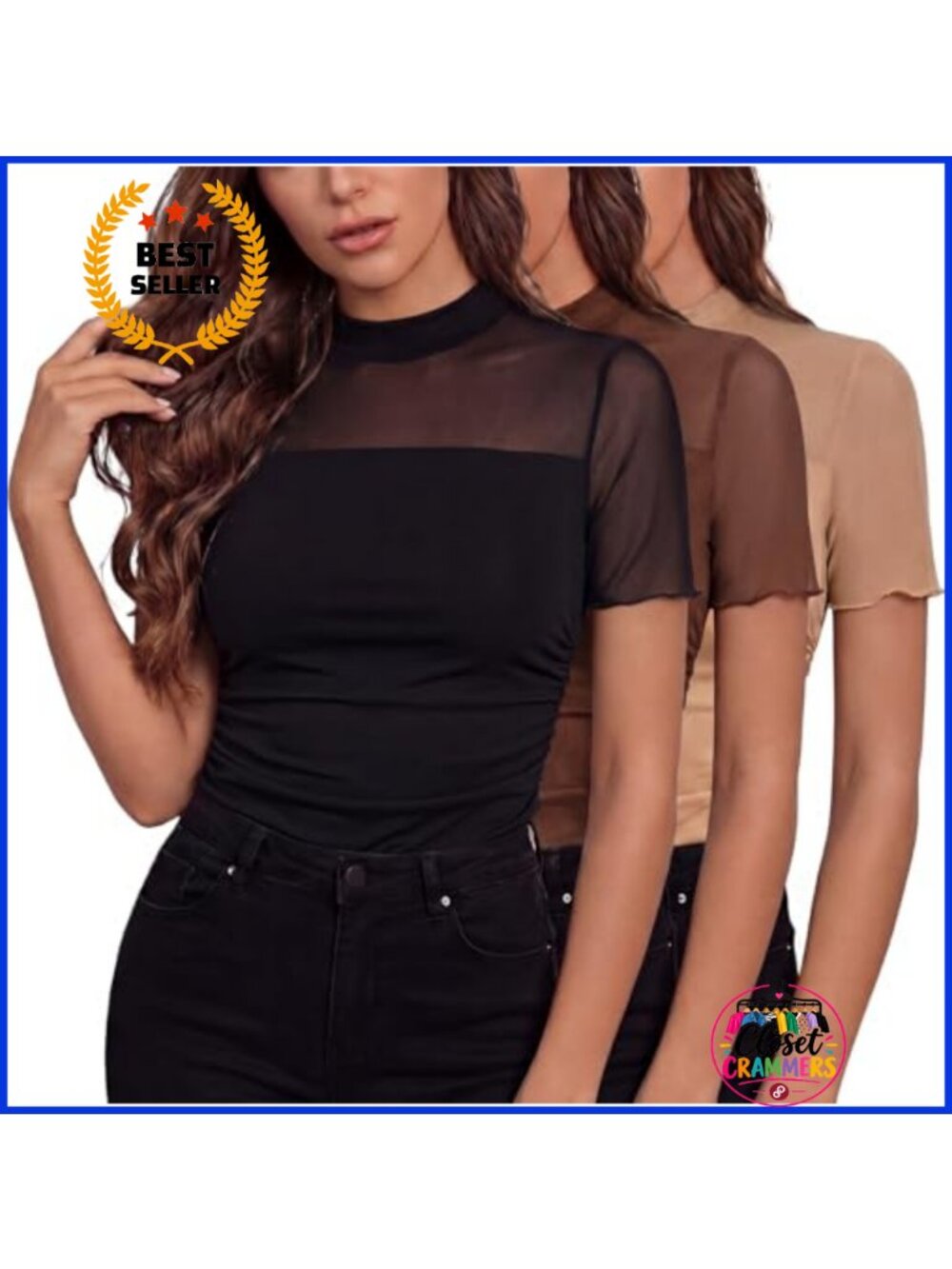 Women's Sheer Mesh Short Sleeve Mock Turtleneck Ruched Blouse